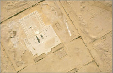 Aerial photograph of the Sanctuary of the Small Aten Temple at the completion of the laying out of the Sanctuary outline in new limestone blocks. The new stone flooring of the gateways between the pylons had not been completed when the photograph was taken.