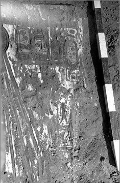 Part of a painted wooden door from a shrine in building R43.2, central room, discovered in 1936