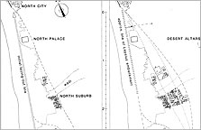 Two maps of the main portion of Amarna, showing the main underlying alignment for the principal royal buildings. The Main City probably grew eastwards, recognising pathways that became established as the city expanded. The South Suburb is a development of the later Amarna Period