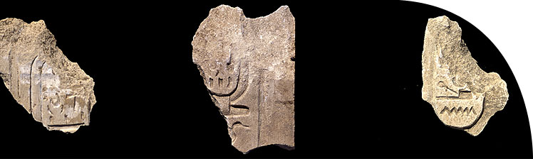Three fragments of limestone door jamb from Ranefer’s house containing the cartouches of the ruler Ankh(et)kheperura Neferkheperura (objects from left to right 34147.60, 59 and 64).