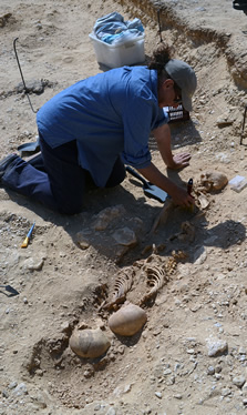 A triple burial under excavation on the North Bank,  containing three individuals (Inds 1167, 1168 and 1169), who have been wrapped  together in a single burial mat before interment.