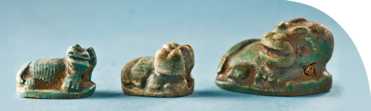 Three steatite beads in the shape of hippopotami recovered from a disturbed burial at the South Tombs Cemetery upper site in 2010