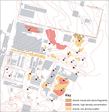 Map of the Central City. It shows concentrations of sherds on the surface. The numbered circles are the locations of samples taken as part of the sherd survey